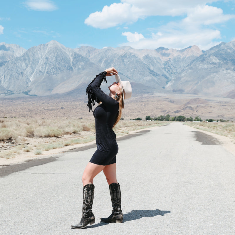 Faux Suede Fringe Black Dress